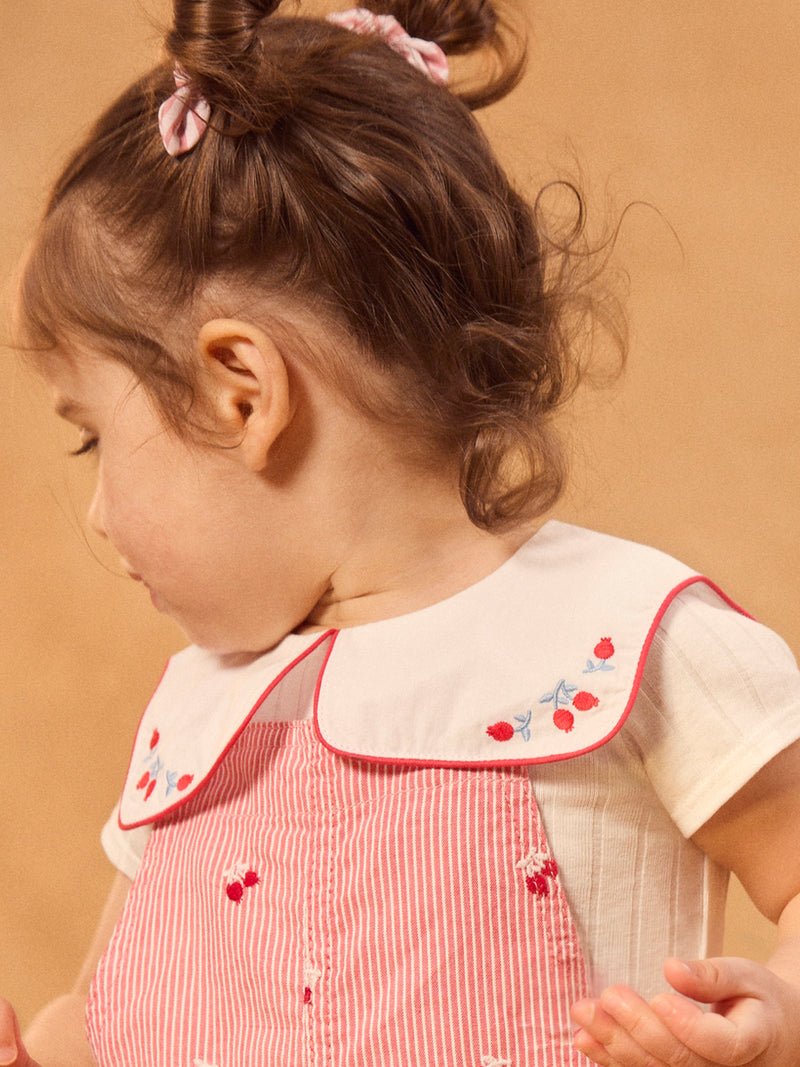 Salopete às riscas vermelhas com bordados de bagas para bebés meninas
