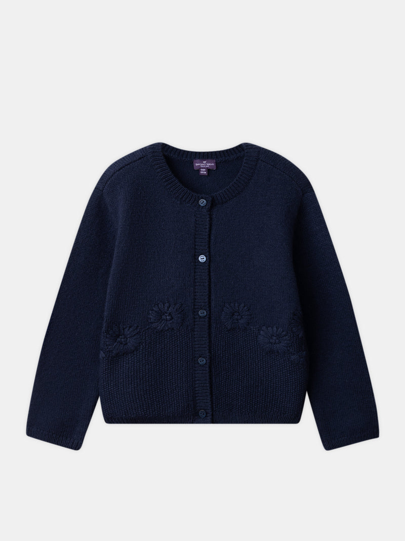 Cardigan azul marinho com bordados de margaridas para meninas