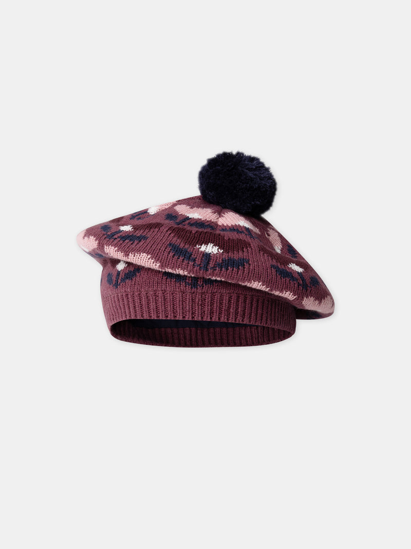 Béret jacquard floral com pompon Menina