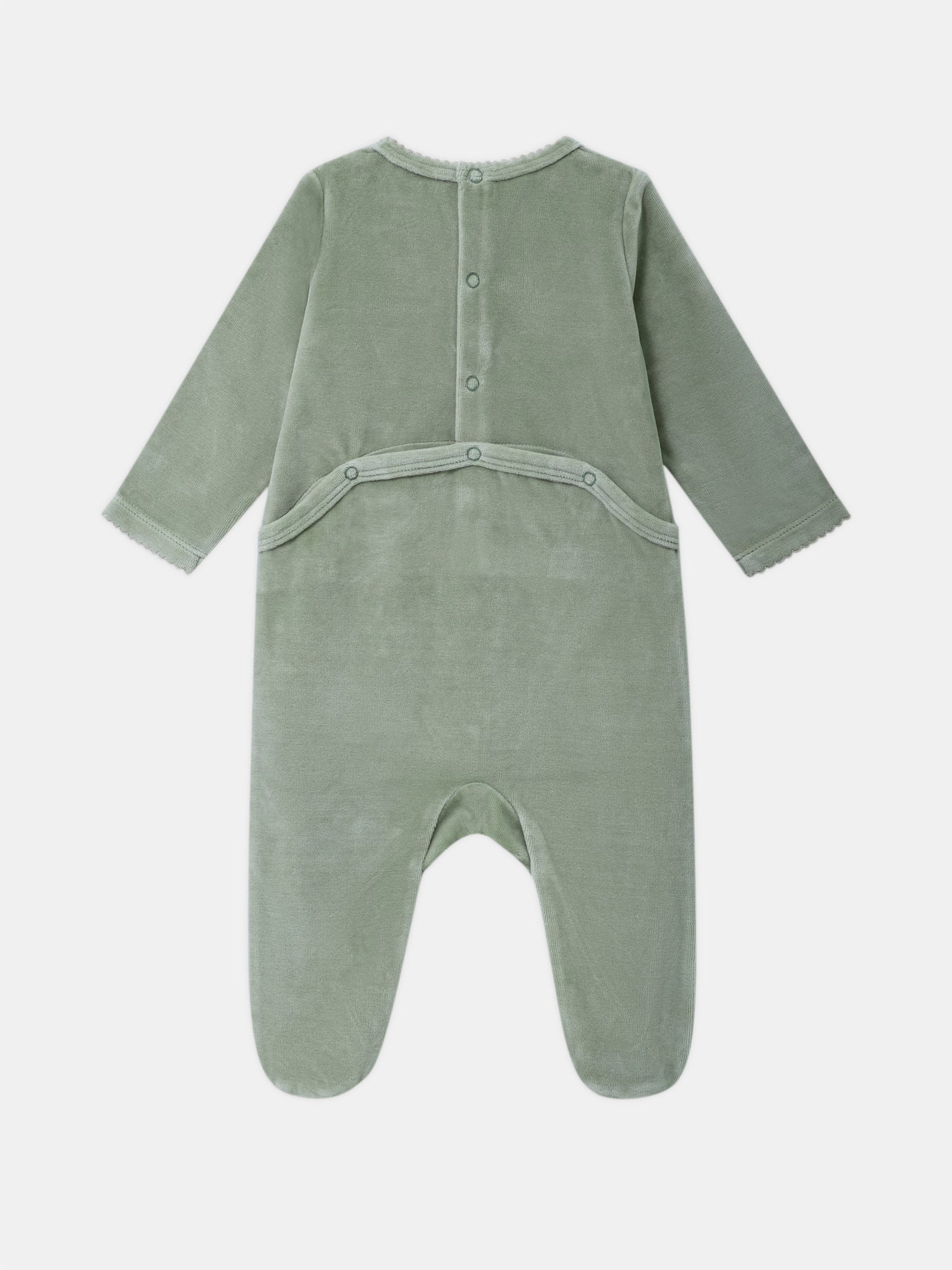 Grenouillère en velours vert sauge à broderie souris et fruits Bébé Fille