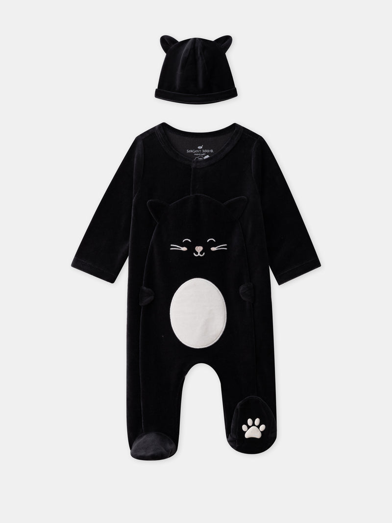 Grenouillère noir chat en velours + bonnet Bébé Fille