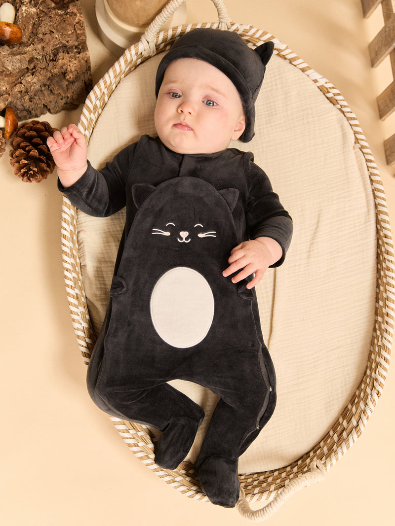 Grenouillère noir chat en velours + bonnet Bébé Fille
