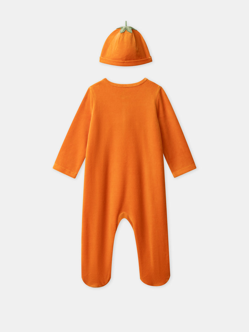 Grenouillère orange citrouille en velours + bonnet Bébé Garçon