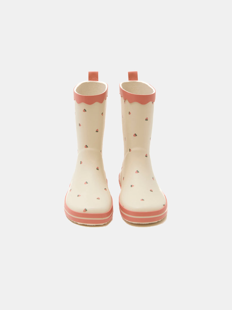 Botas de chuva de tom cru com estampa de morangos para meninas