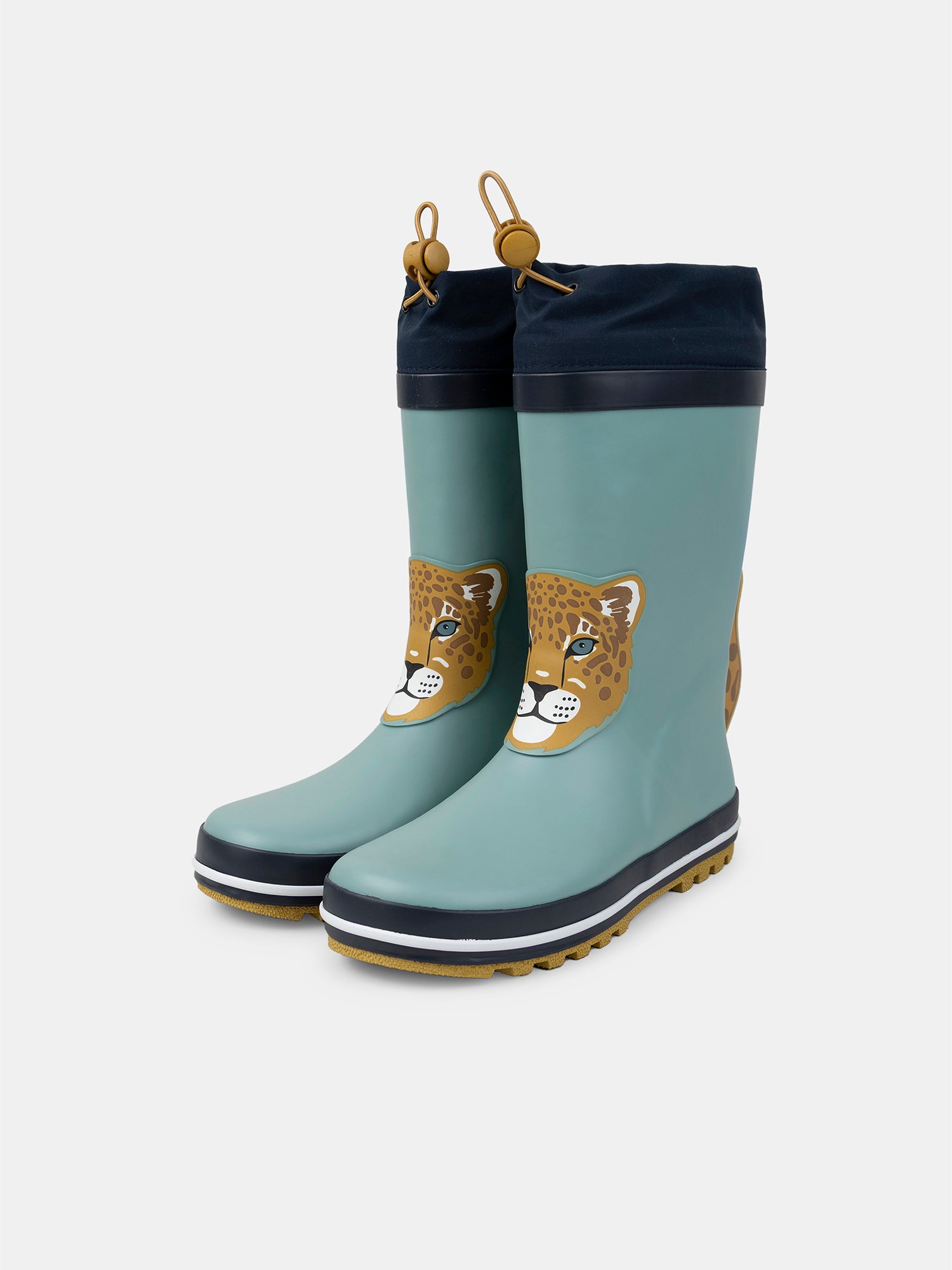 Botas de chuva azuis com patch de cabeça de leopardo para rapazes