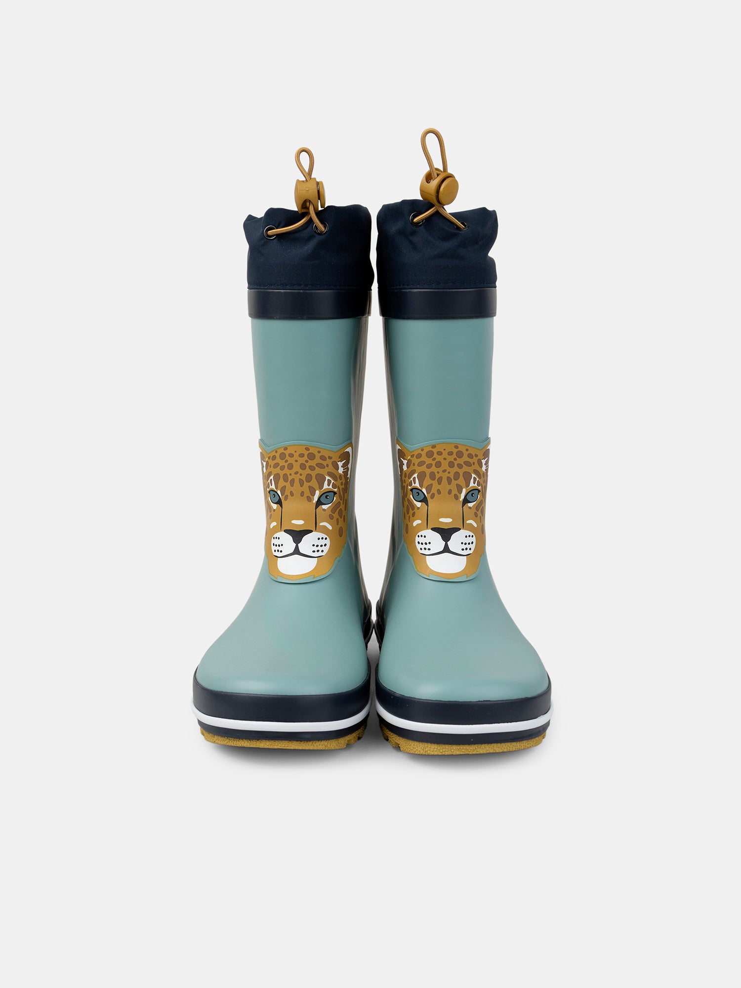Botas de chuva azuis com patch de cabeça de leopardo para rapazes