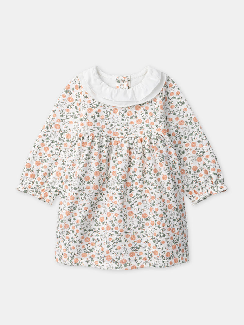 Conjunto de vestido com estampa de flores + cardigan + collants para menina