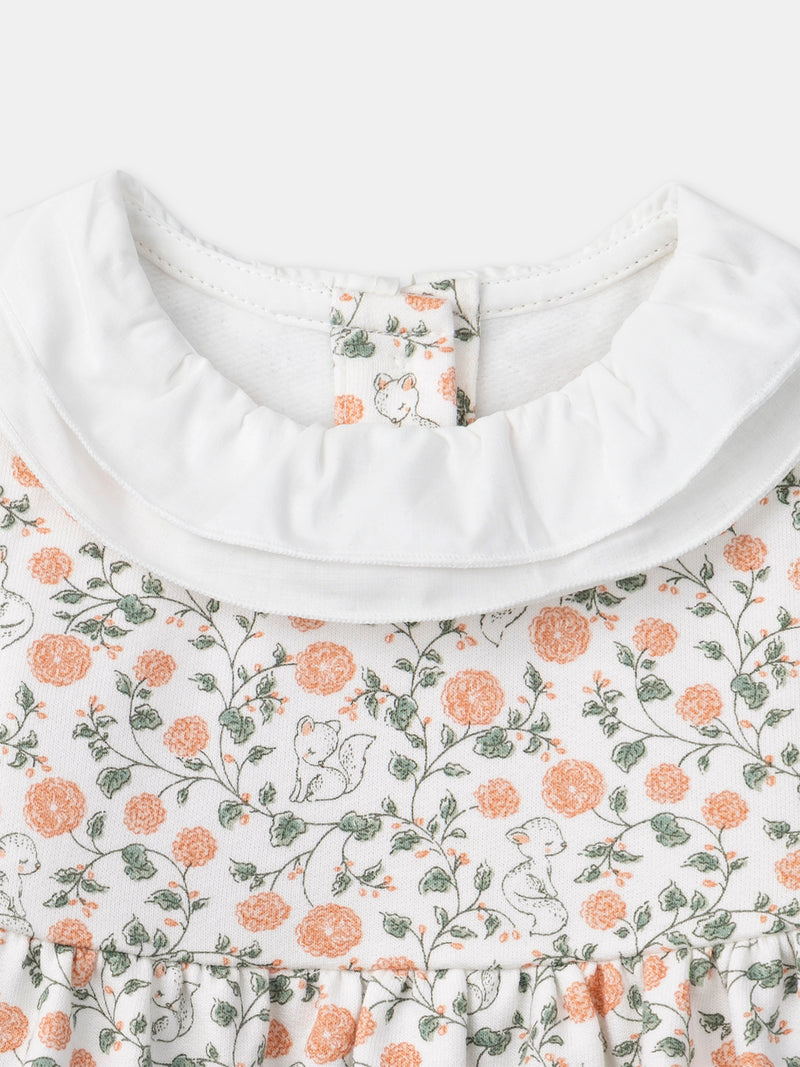 Conjunto de vestido com estampa de flores + cardigan + collants para menina