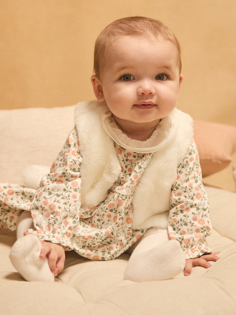 Conjunto de vestido com estampa de flores + cardigan + collants para menina