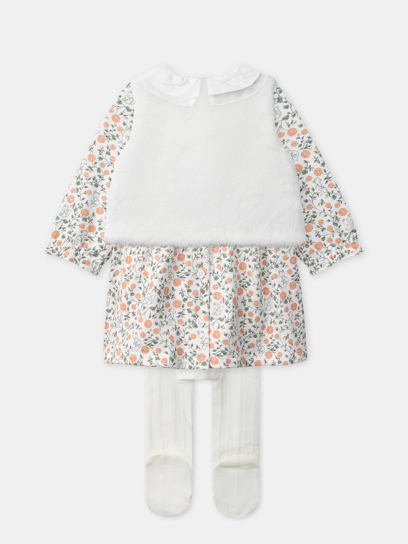 Conjunto de vestido com estampa de flores + cardigan + collants para menina