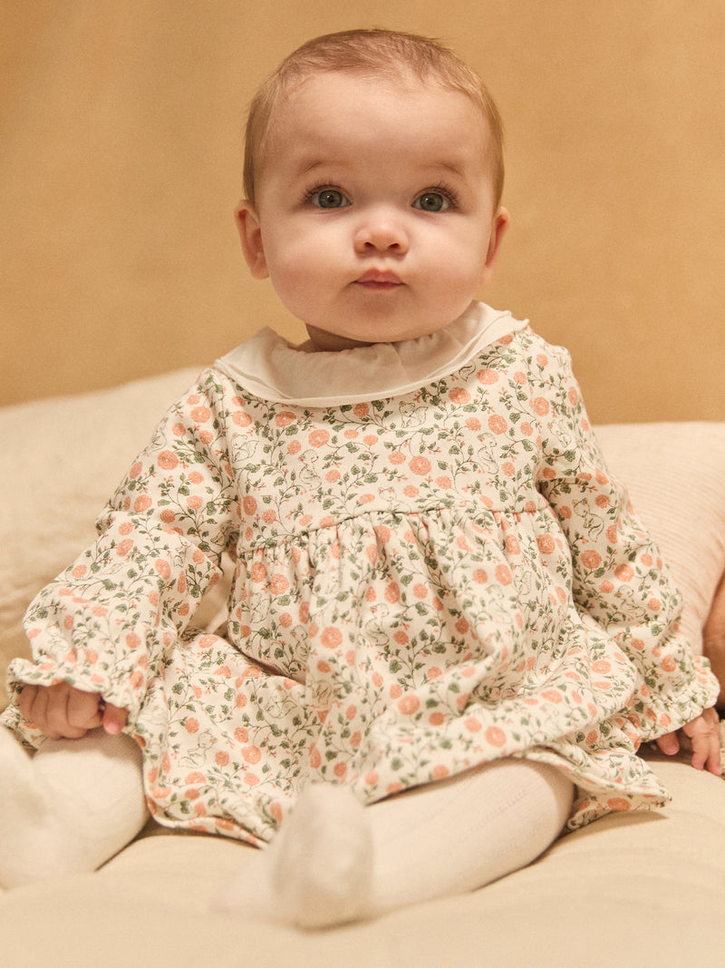 Conjunto de vestido com estampa de flores + cardigan + collants para menina