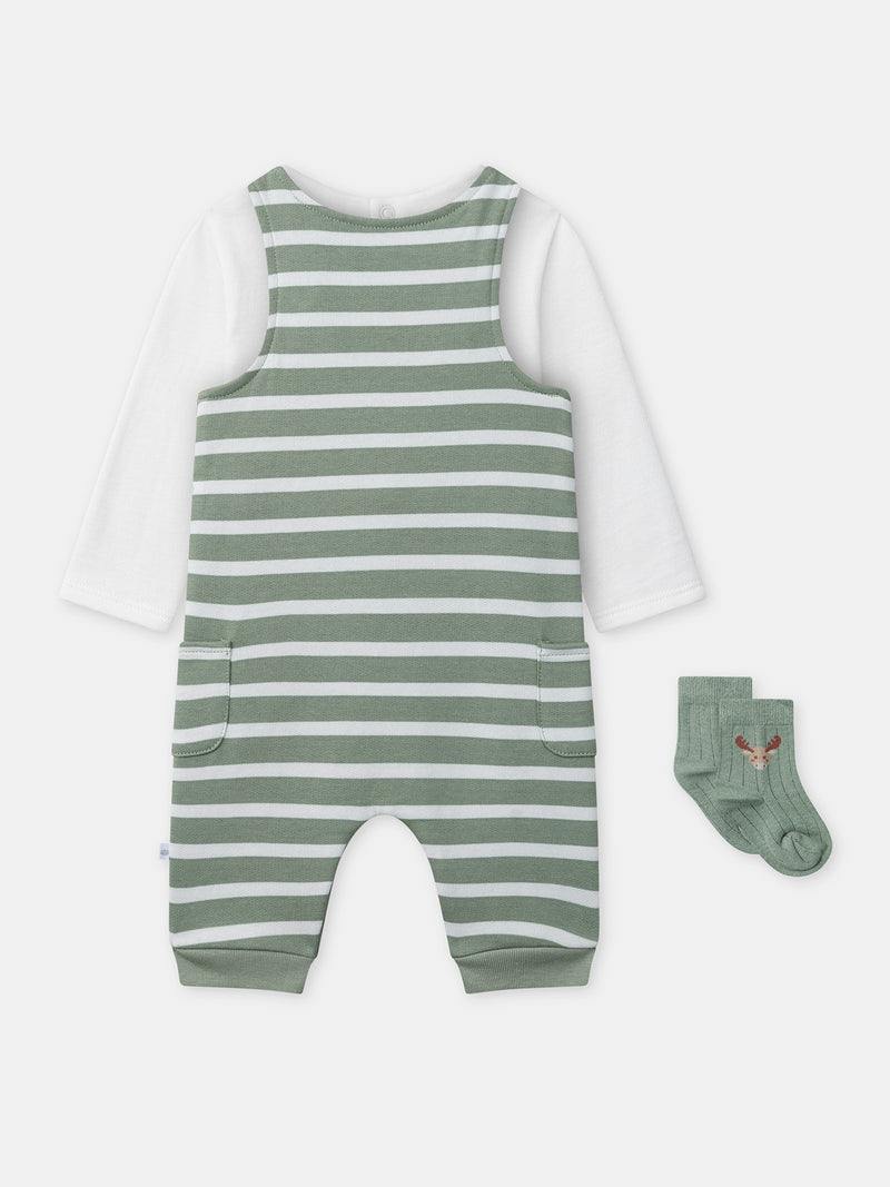 Conjunto riscas verdes + body + meias para menino recém-nascido