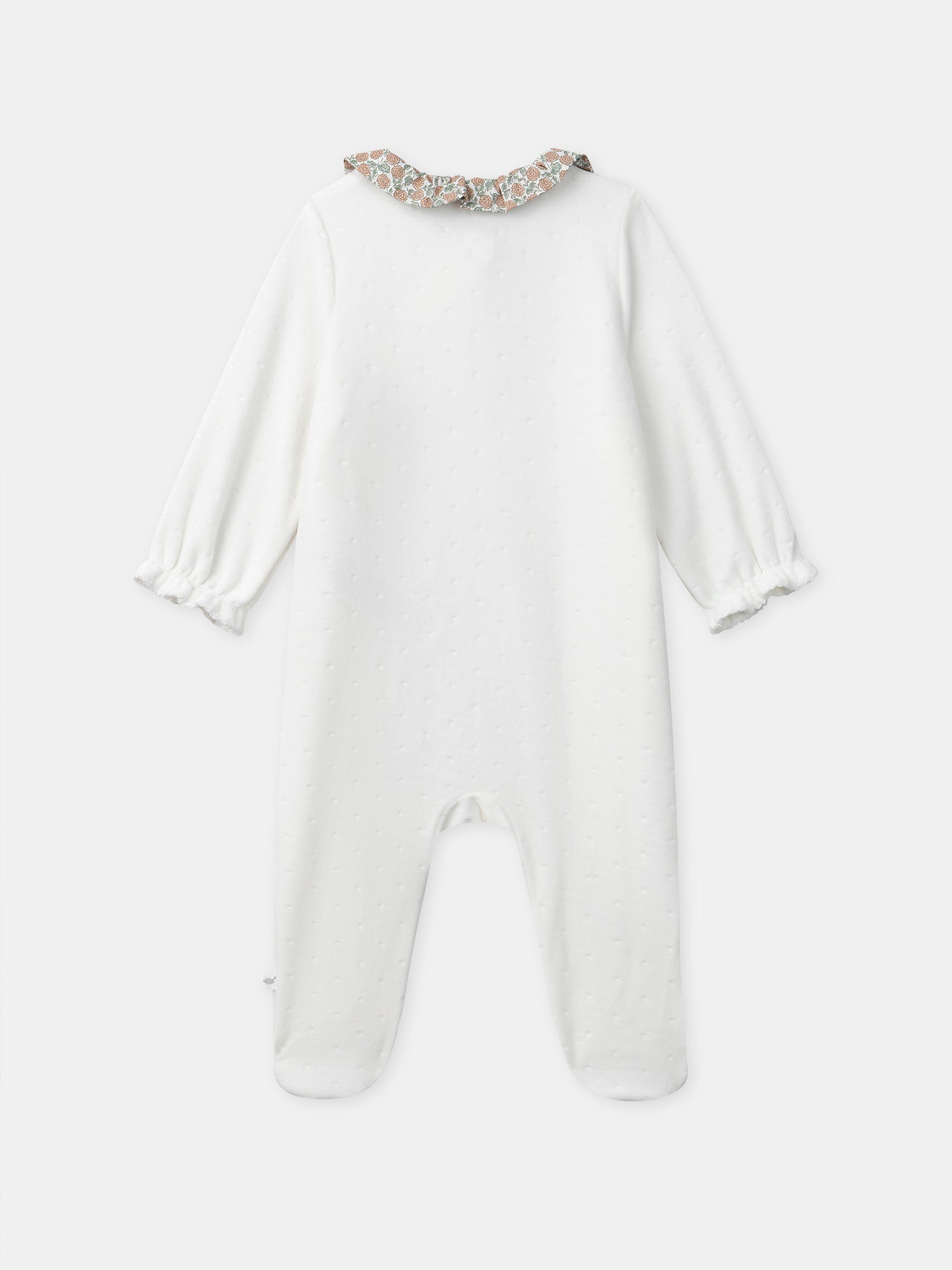 Grenouillère blanche en velours et fleuri Naissance Fille