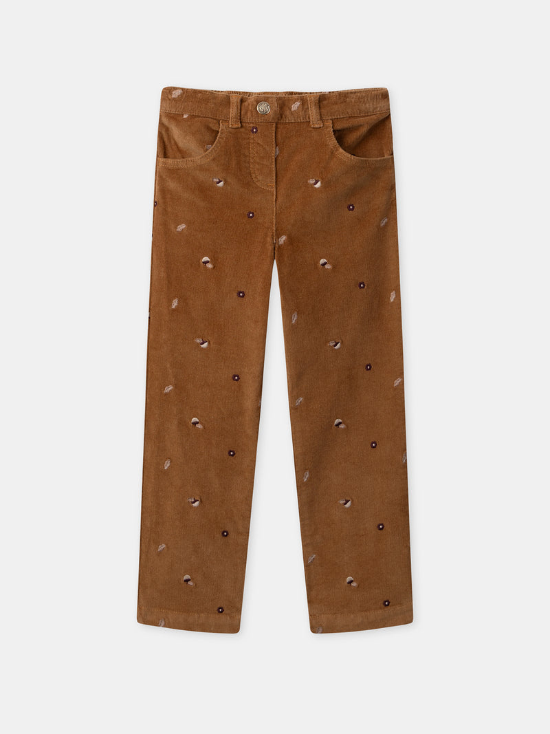 Pantalon marron en velours à broderie glands Fille