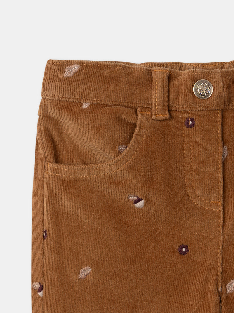 Pantalon marron en velours à broderie glands Fille