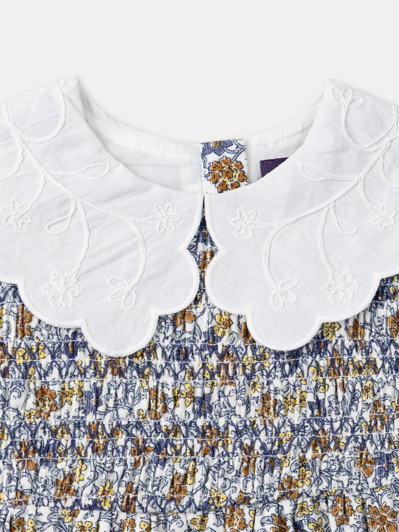Vestido estampado com flores e colarinho de pétalo branco para meninas