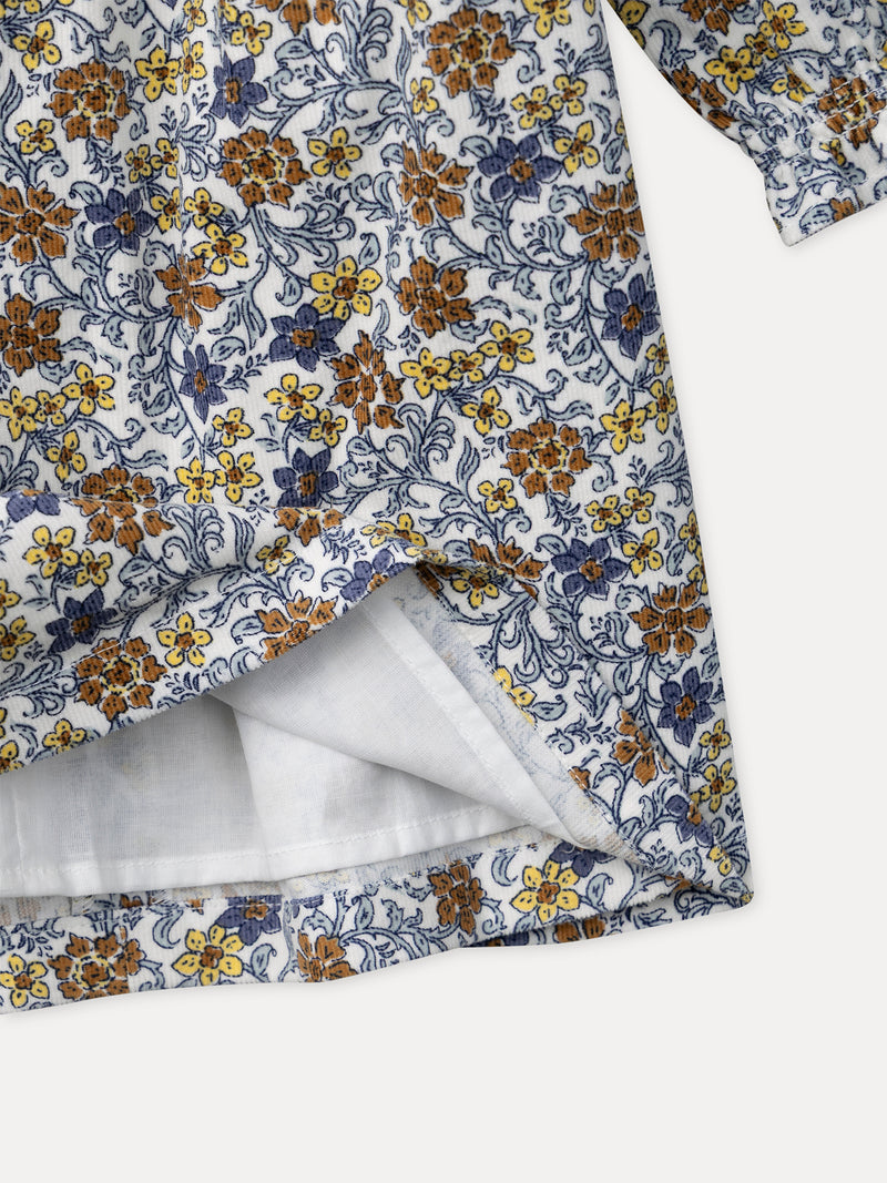 Vestido estampado com flores e colarinho de pétalo branco para meninas