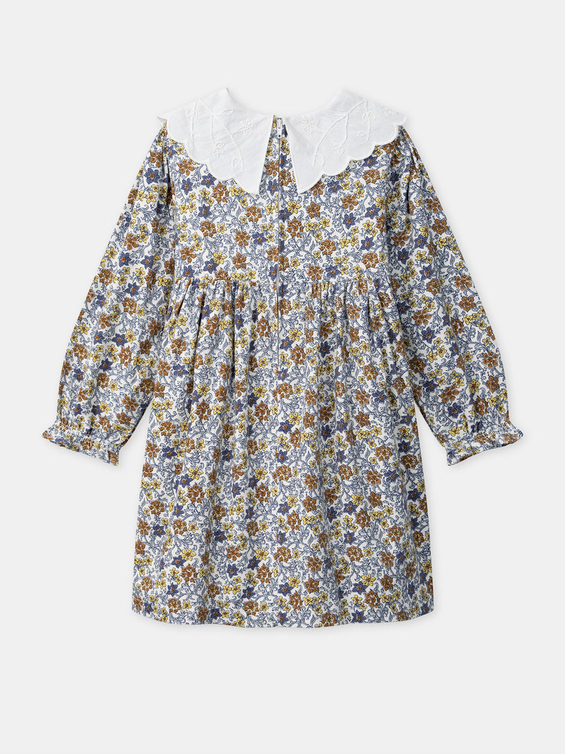 Vestido estampado com flores e colarinho de pétalo branco para meninas