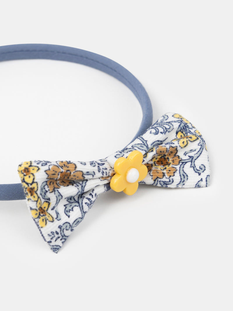 Faixa de cabelo azul com laço impresso florido e flor para meninas