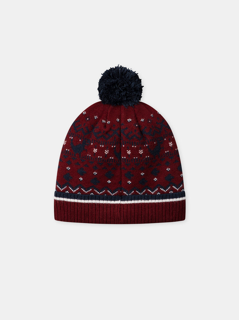 Gorro bordeaux com padrão de dinossauro e pompom para meninos