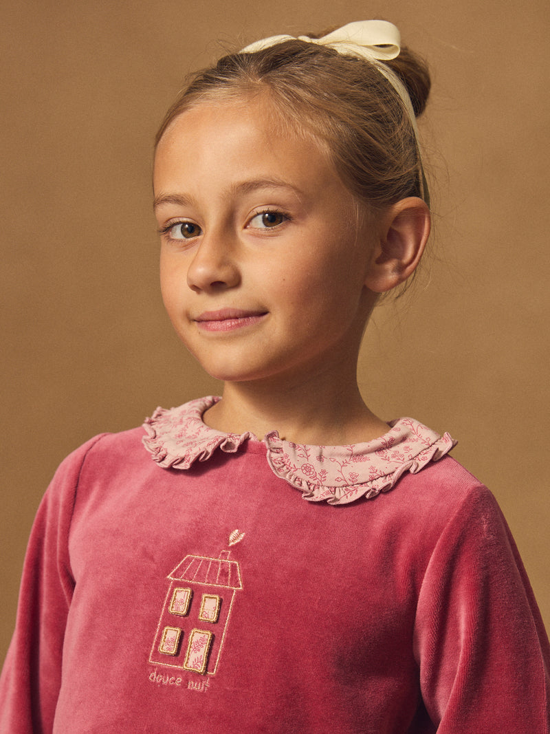 Pijama rosa escuro de veludo com estampado floral para meninas