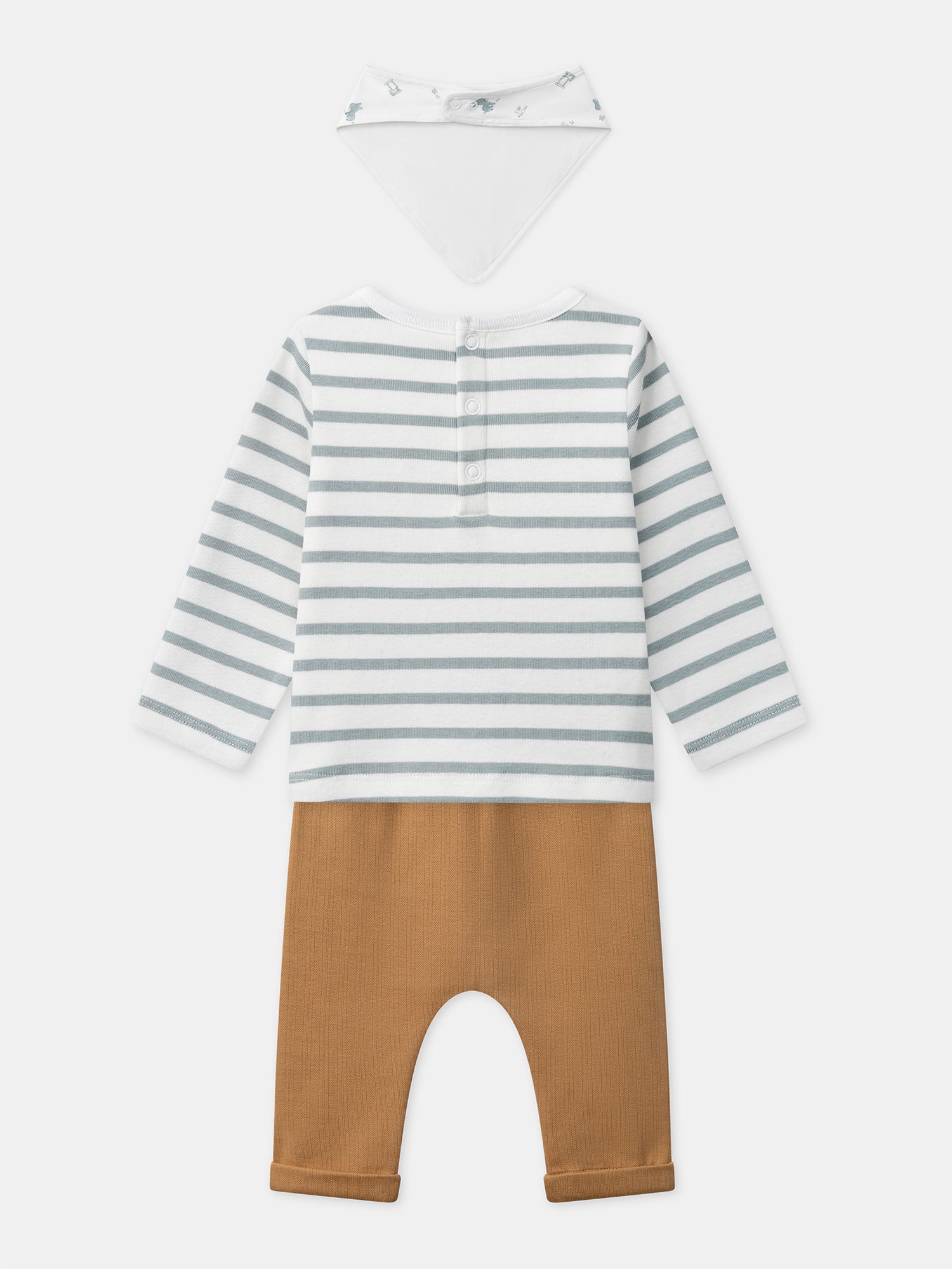 Ensemble haut rayé + pantalon marron + bavoir Naissance Garçon