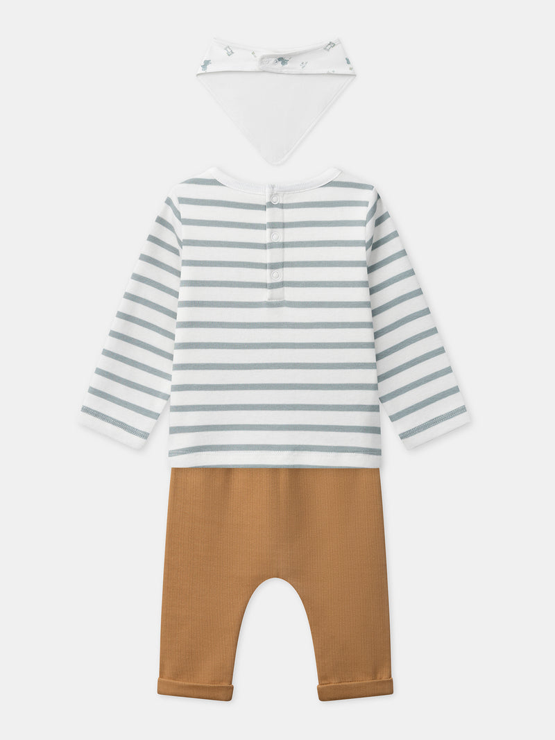 Conjunto riscado + calças castanhas + babete de nascimento menino