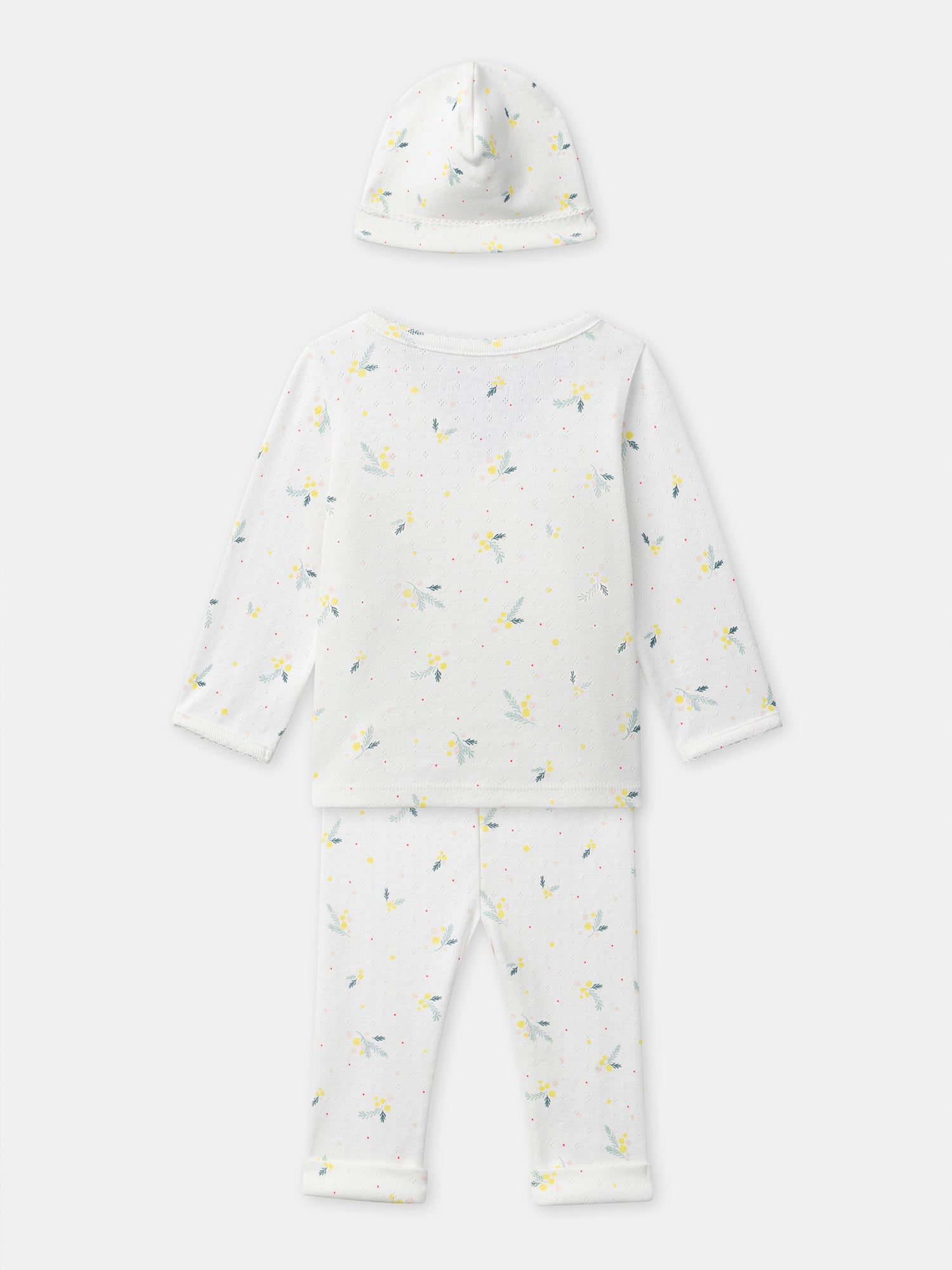 Ensemble haut + pantalon + bonnet imprimé feuillage Naissance Fille