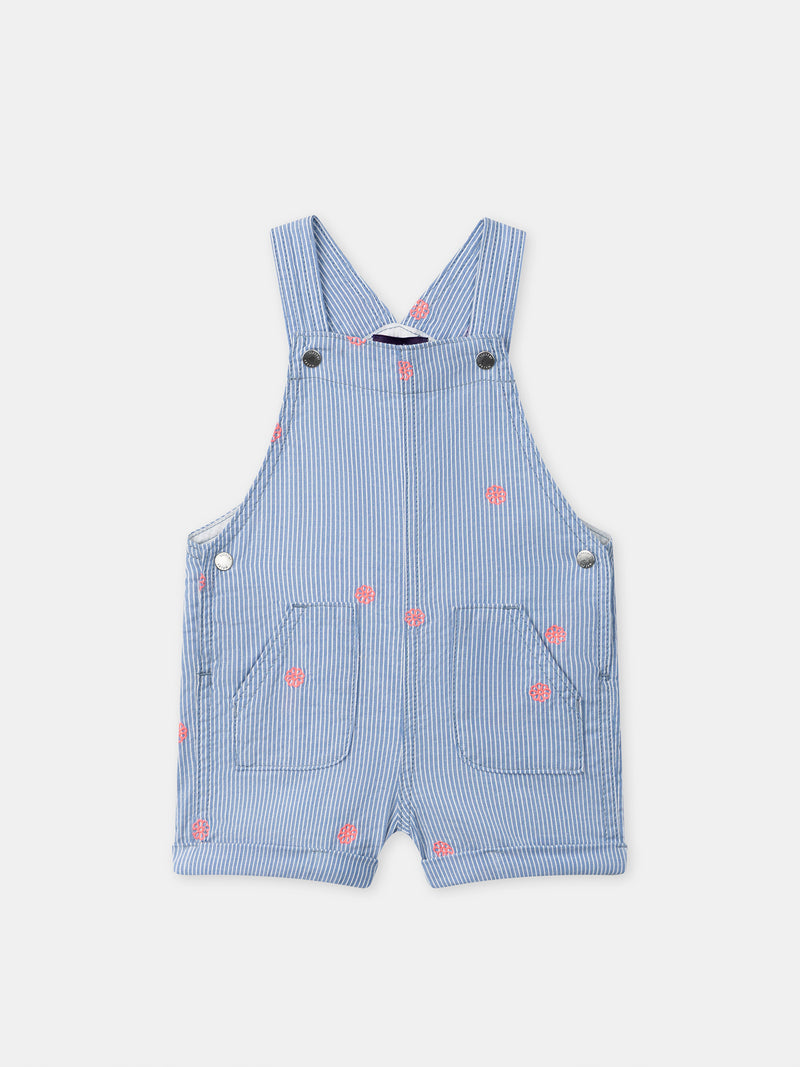 Salopete curto com listras azuis e bordados de flores para bebé menina