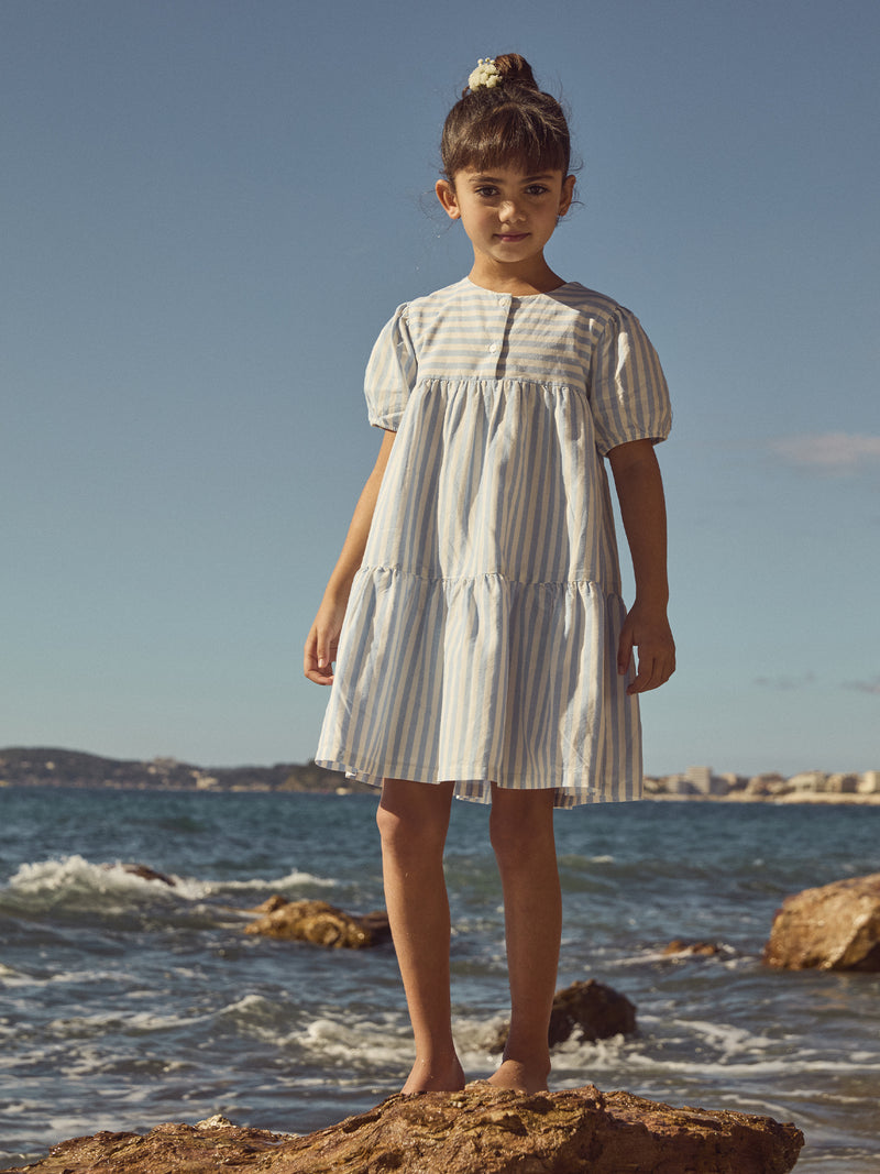 Vestido a rayas azuis para menina