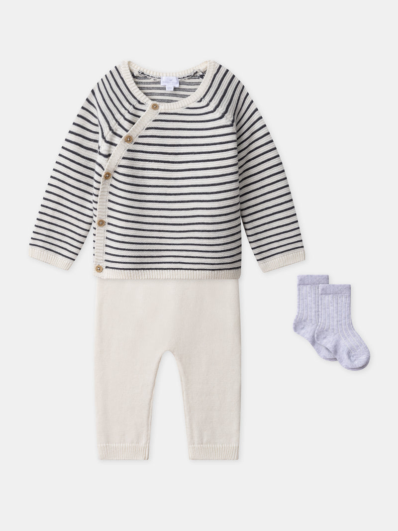 Conjunto de tricot com cárdigan + calças + meias para nascimento unisex