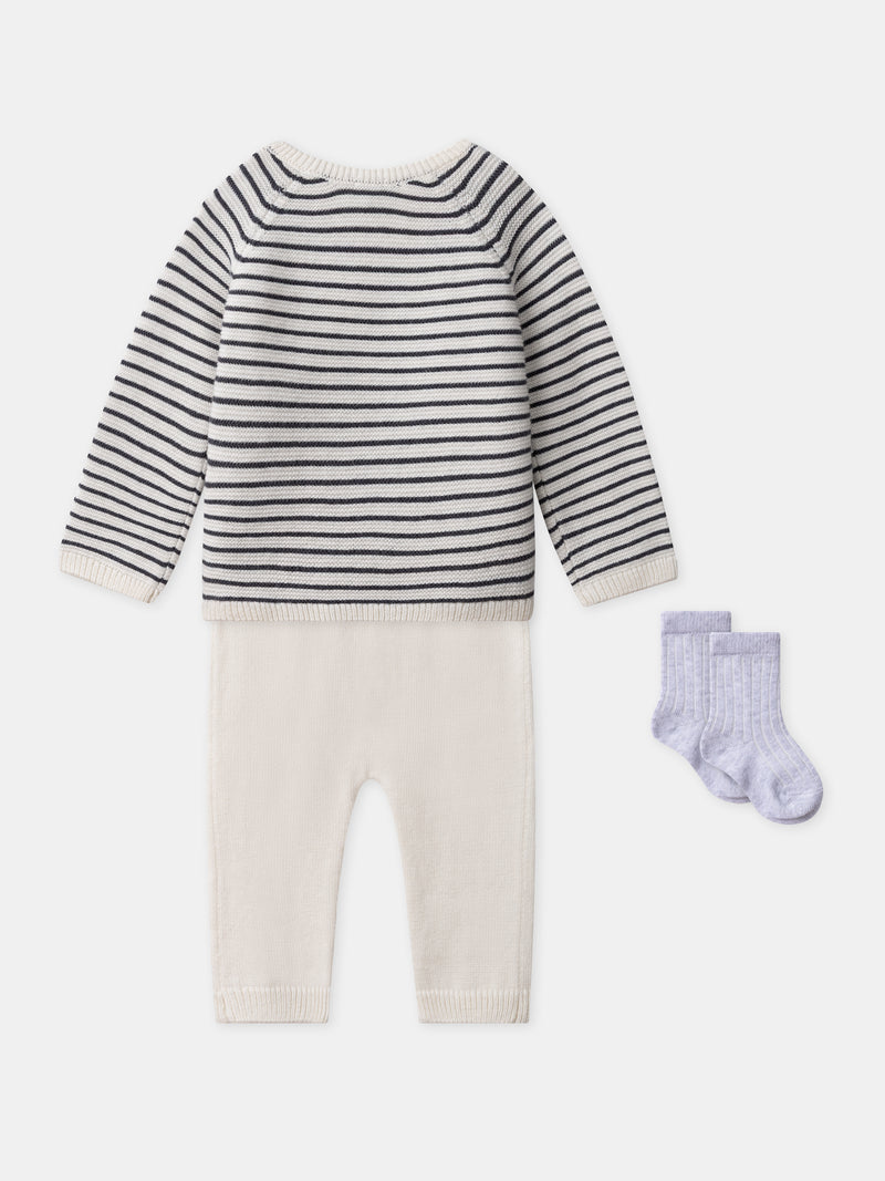 Conjunto de tricot com cárdigan + calças + meias para nascimento unisex
