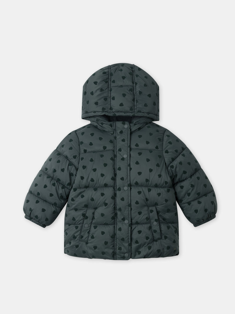 Doudoune verde escuro com estampado de coração Bebé Menina