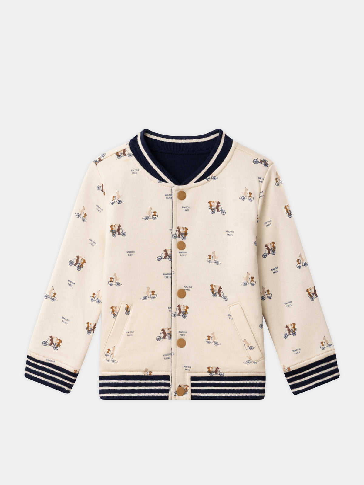 Teddy reversível azul marinho ou creme estampado com cães bebé rapaz