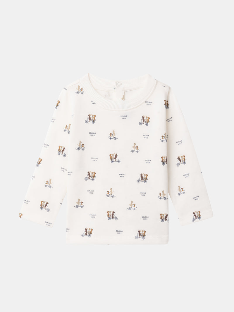 T-shirt ecru com estampa de animais e mangas longas para Bebé Menino