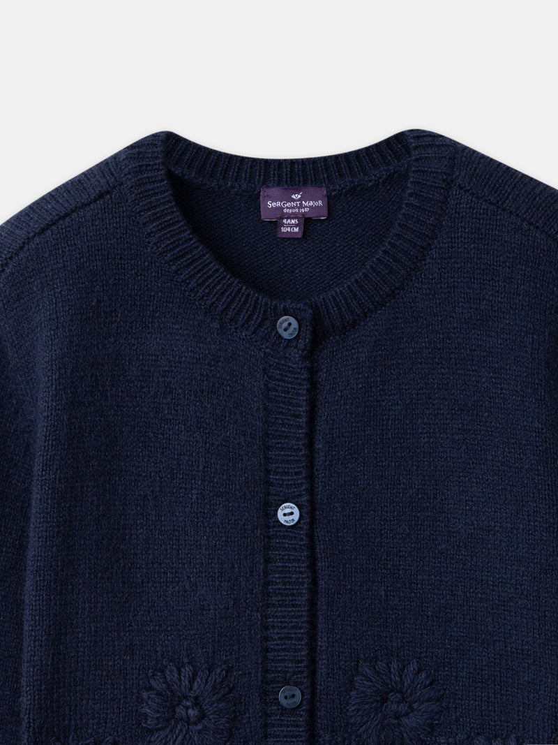 Cardigan azul marinho com bordados de margaridas para meninas