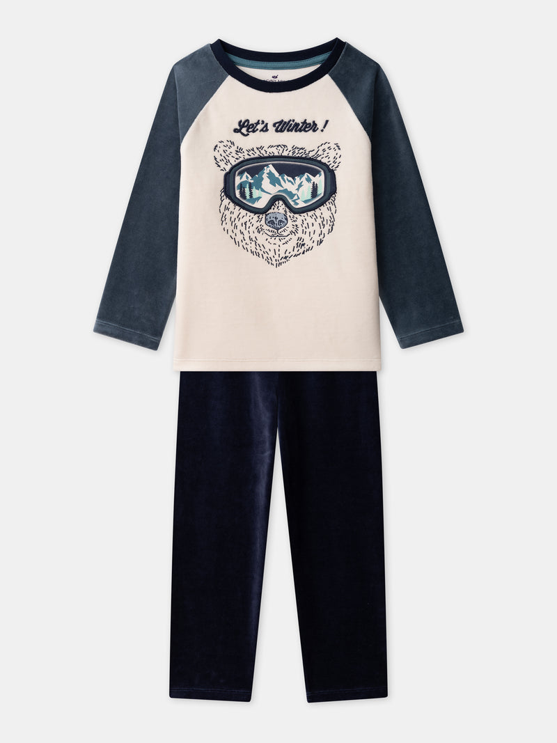 Pijama ecru e azul marinho urso Menino
