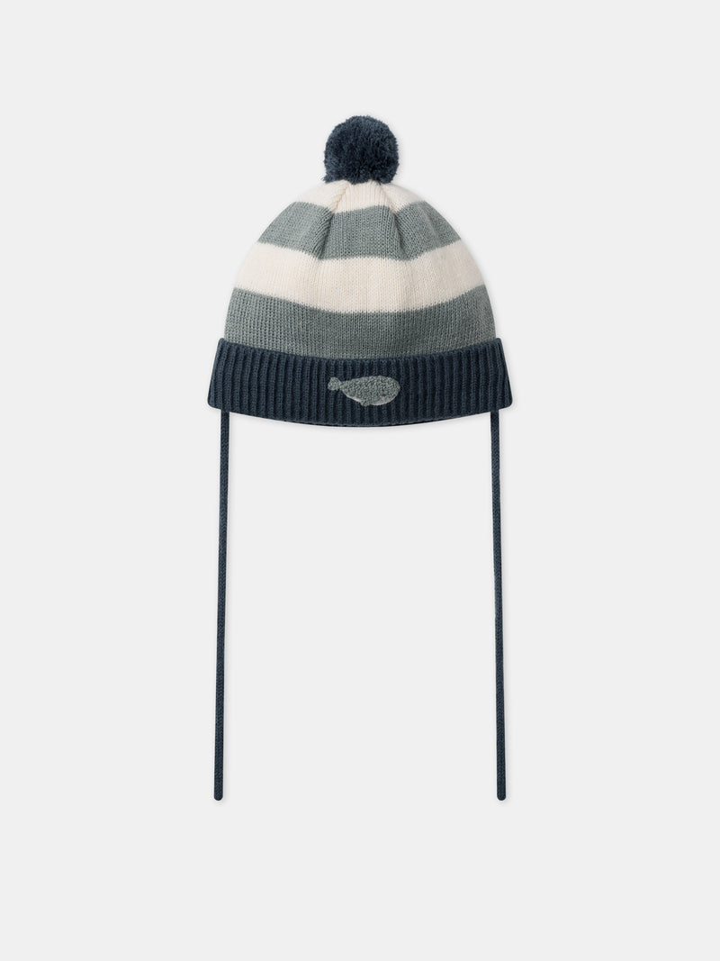 Gorro tricolor com riscas e pompom com bordado de baleia para bebê menino