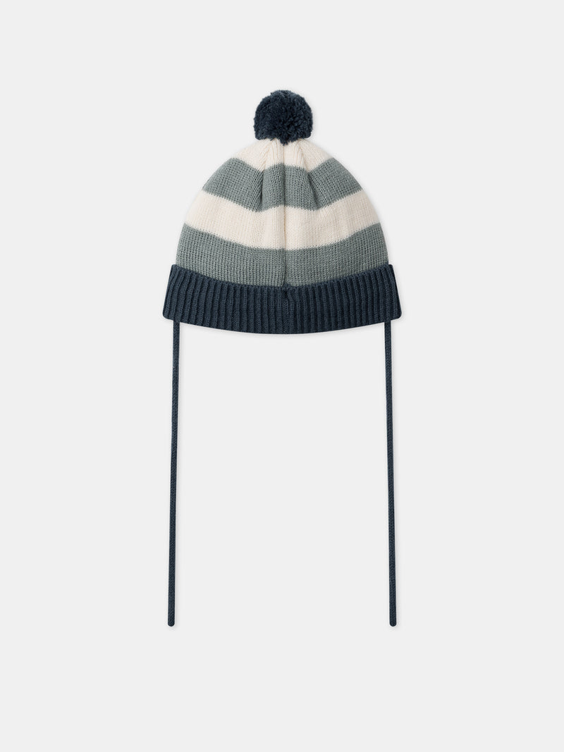 Gorro tricolor com riscas e pompom com bordado de baleia para bebê menino