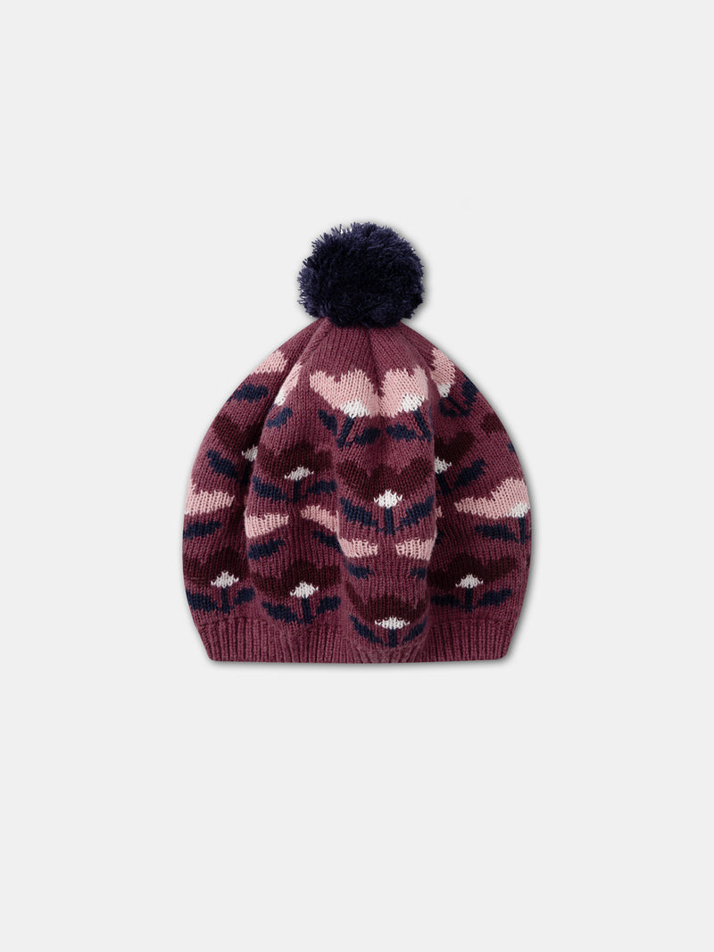 Béret jacquard floral com pompon Menina
