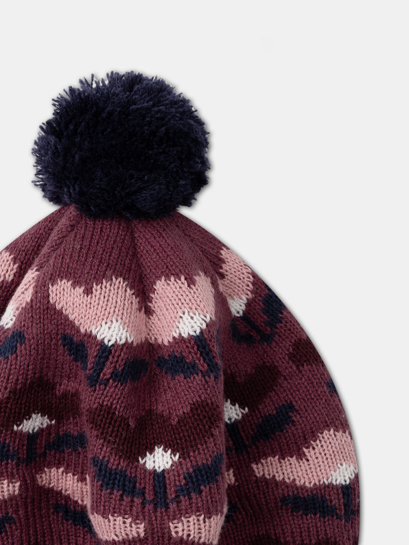 Béret jacquard floral com pompon Menina