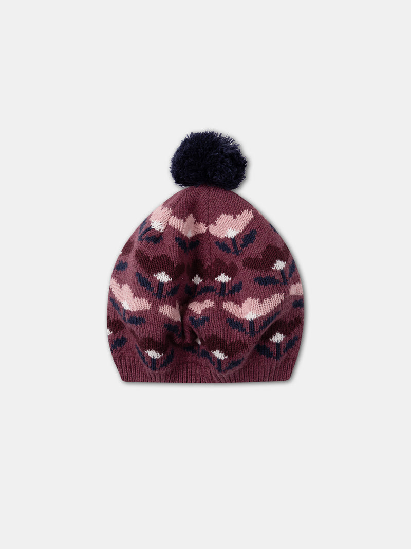 Béret jacquard floral com pompon Menina