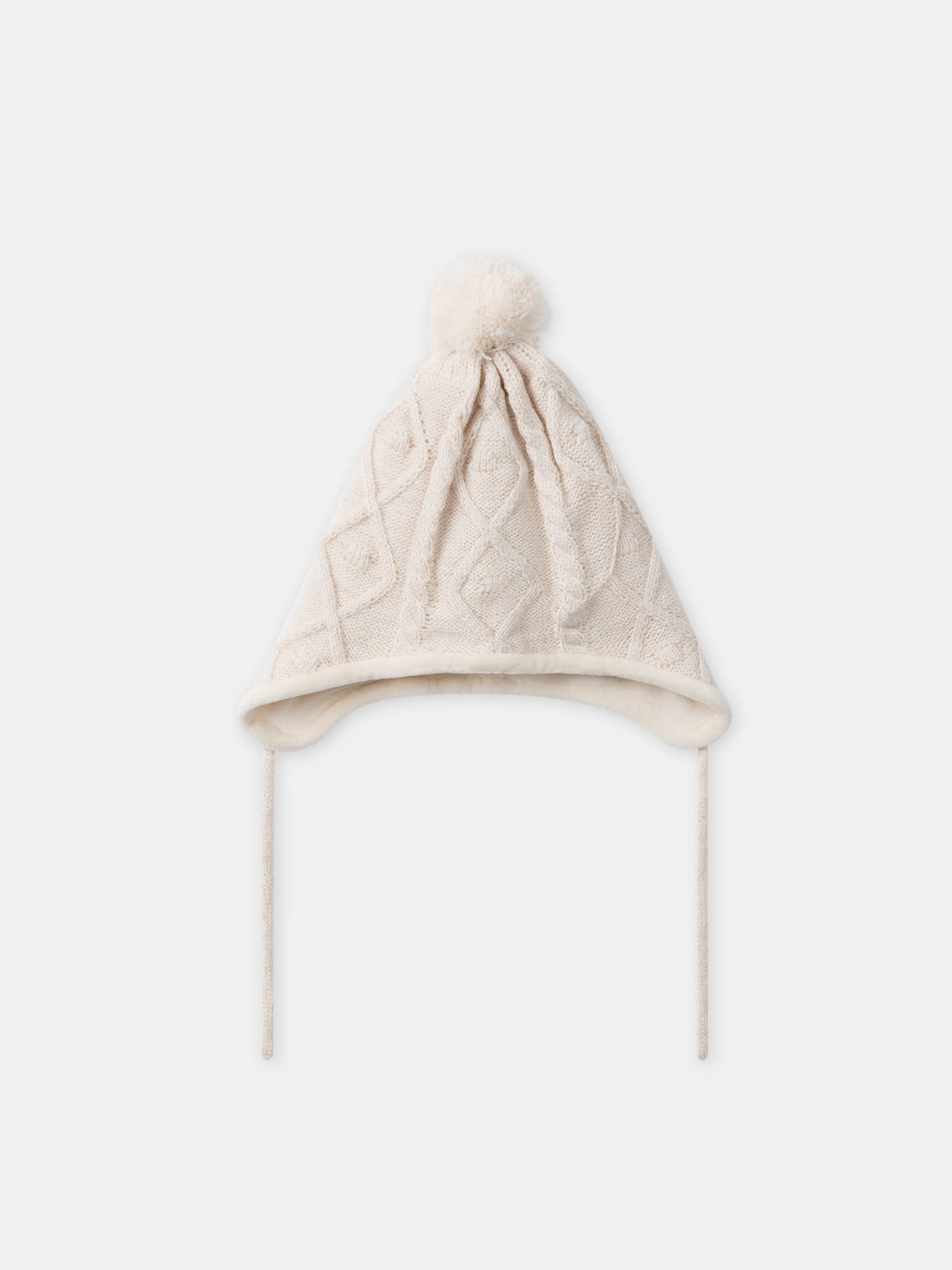 Gorro ecru com cachos e pompom de pelo sintético menina