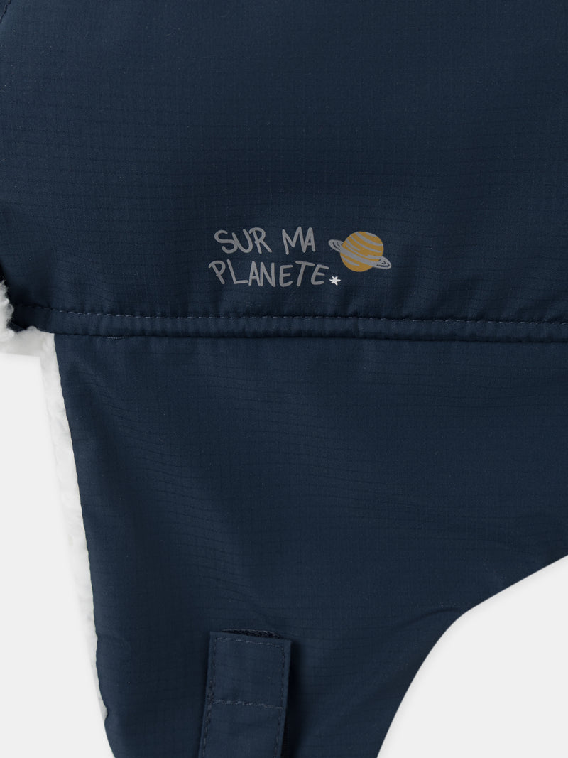 Chapka azul petróleo impressa "no meu planeta" rapaz