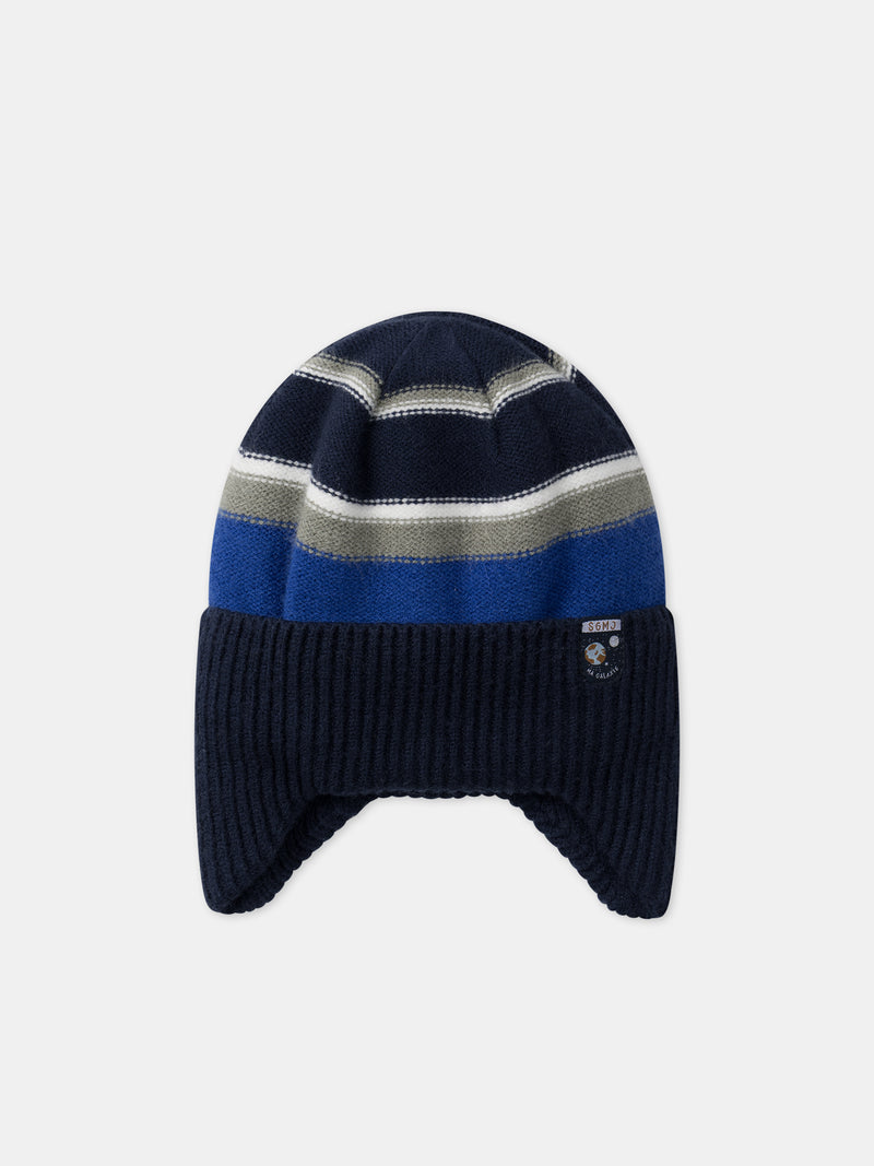 Gorro com proteção para as orelhas em listras azuis, verdes e ecru para Menino