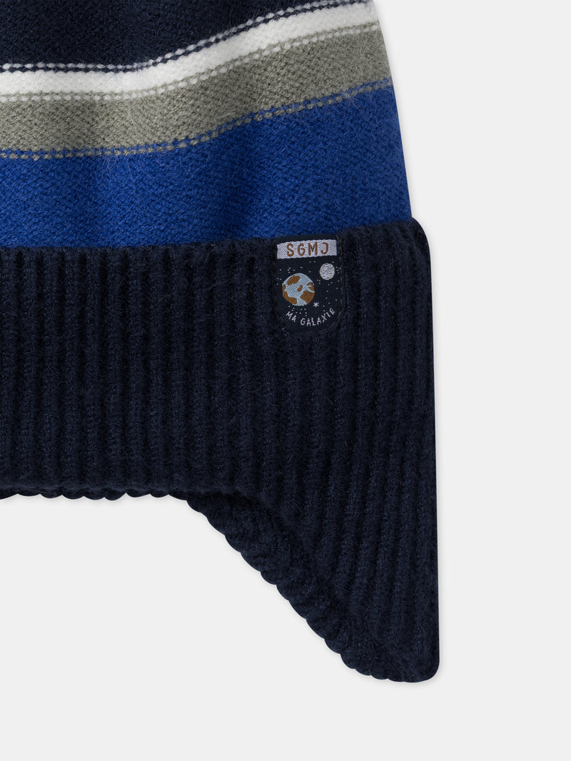 Gorro com proteção para as orelhas em listras azuis, verdes e ecru para Menino