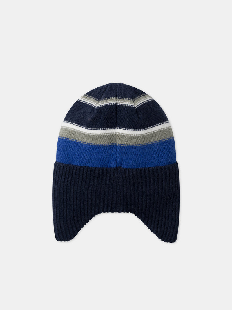 Gorro com proteção para as orelhas em listras azuis, verdes e ecru para Menino
