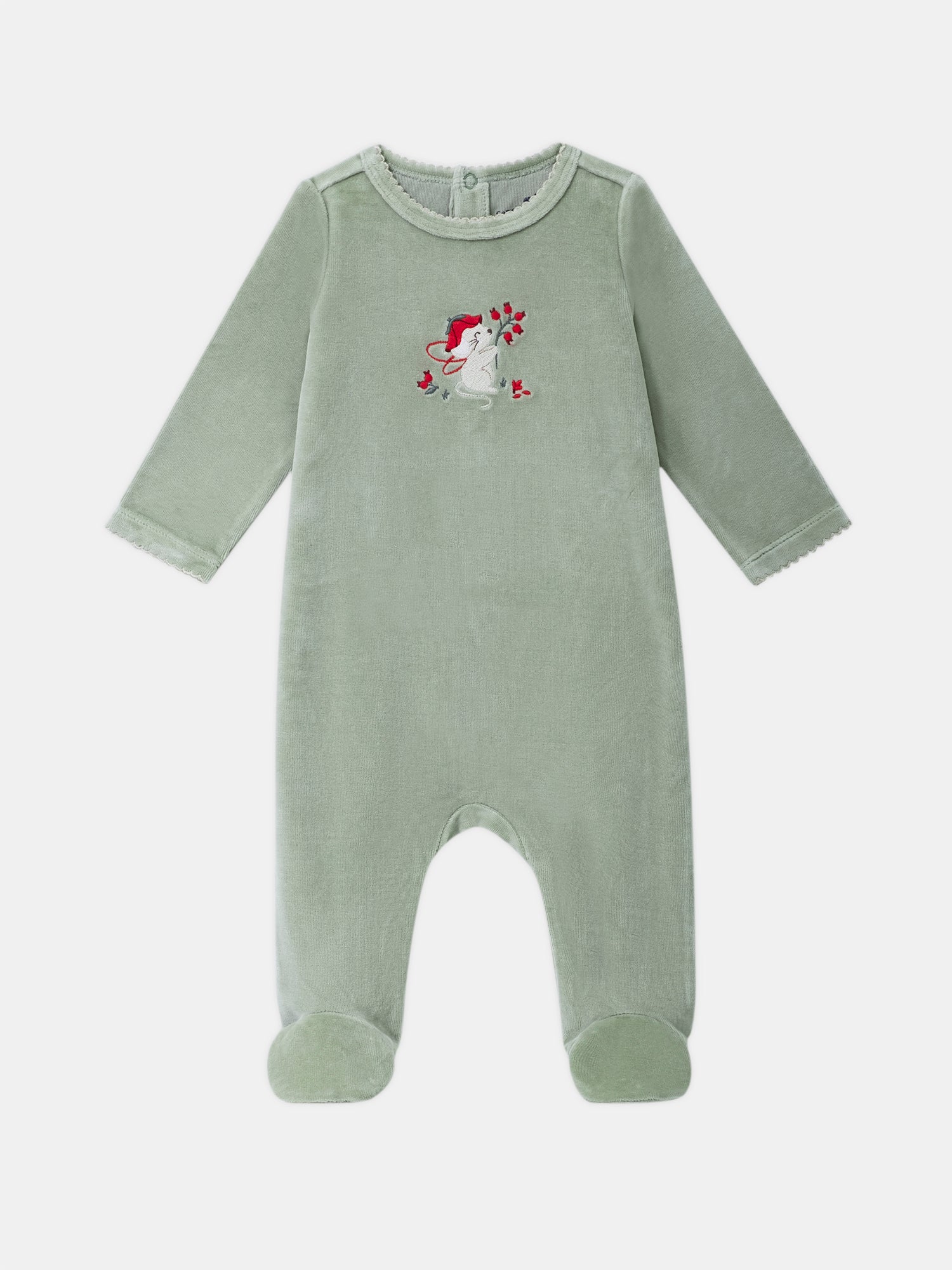 Grenouillère en velours vert sauge à broderie souris et fruits Bébé Fille