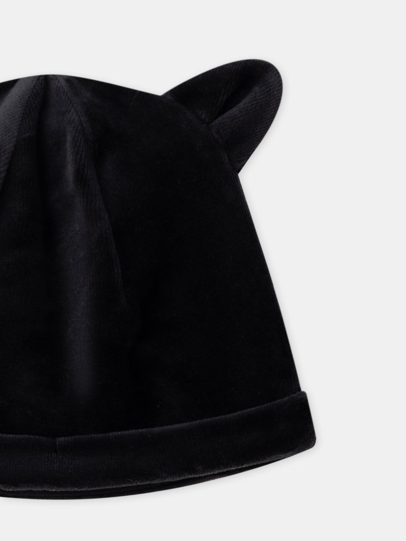 Grenouillère noir chat en velours + bonnet Bébé Fille