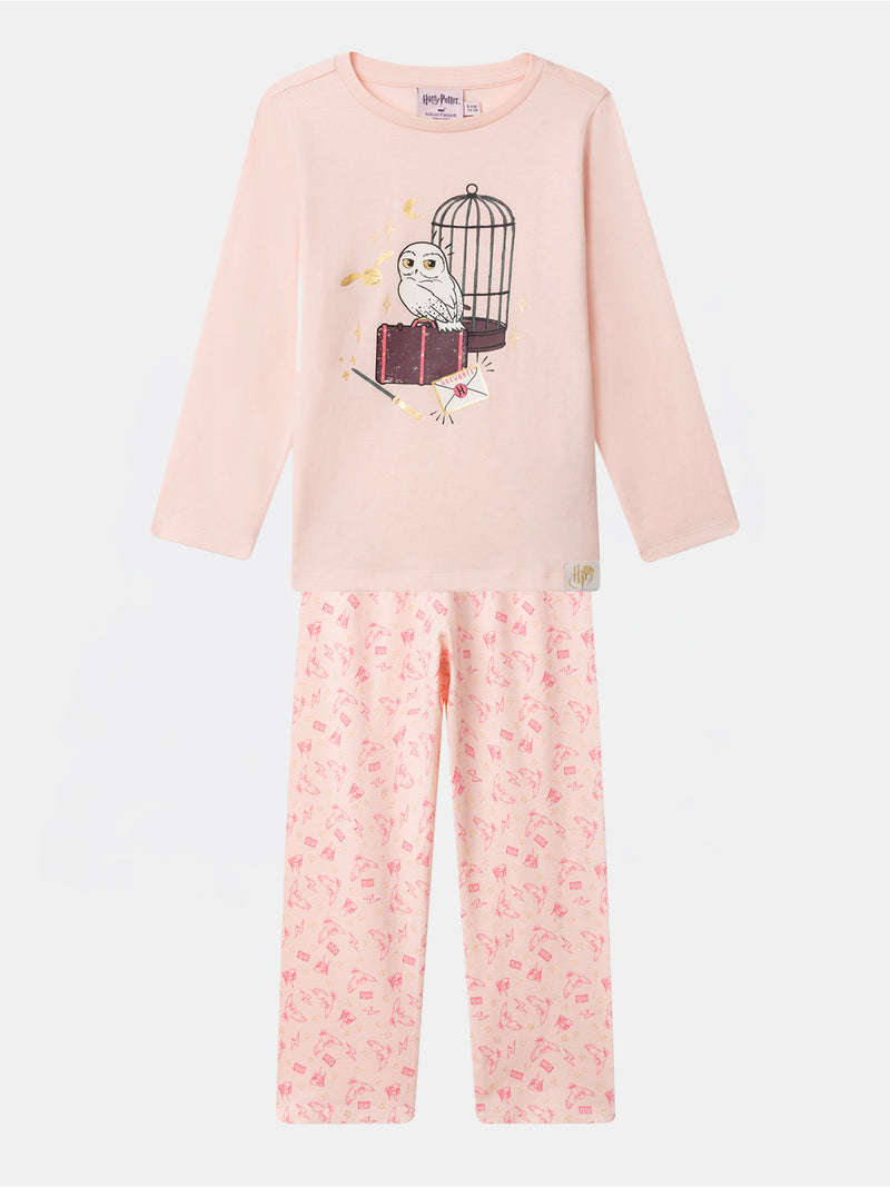 Pijama Harry Potter rosa impresso coruja Hedwig Menina